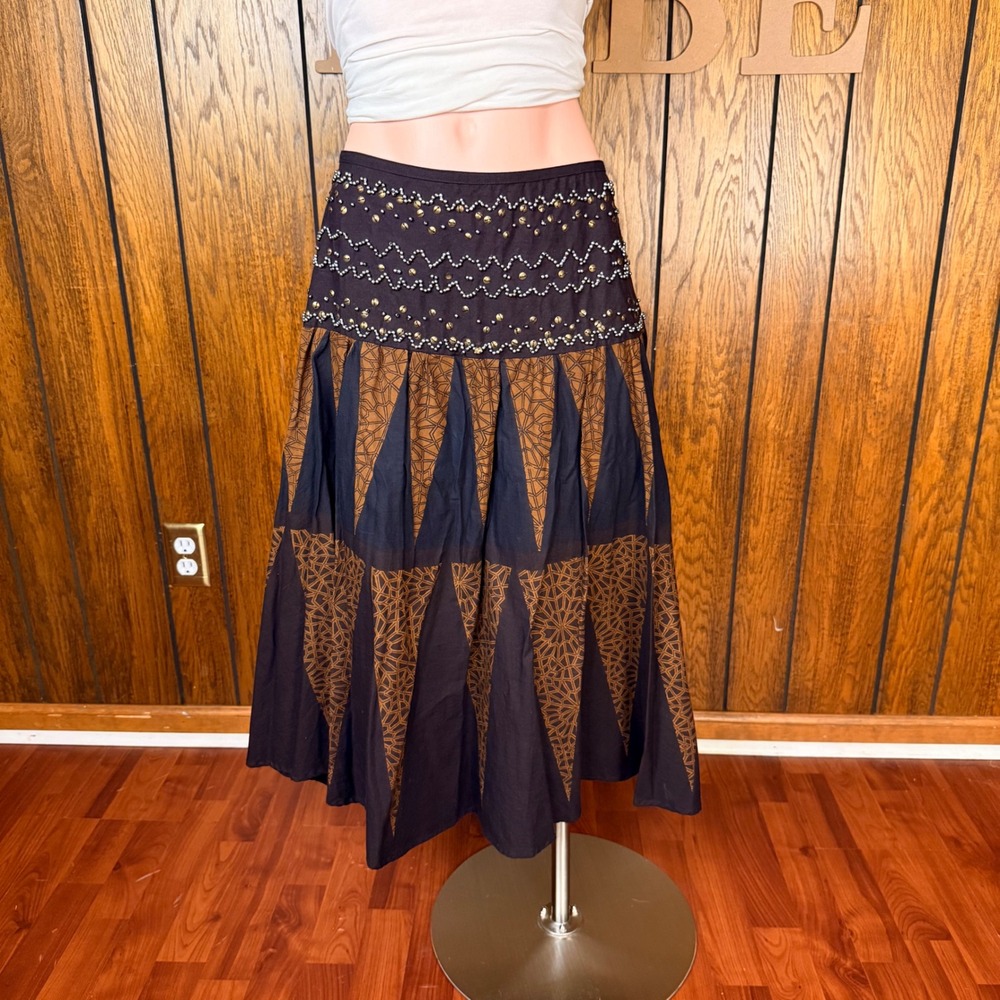 Kenar Midi Skirt Womens 12 Brown Beaded Studded Geometric Cotton Boho Pleated